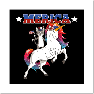 Merica Tabby Cat Unicorn American Flag 4th Of July Posters and Art